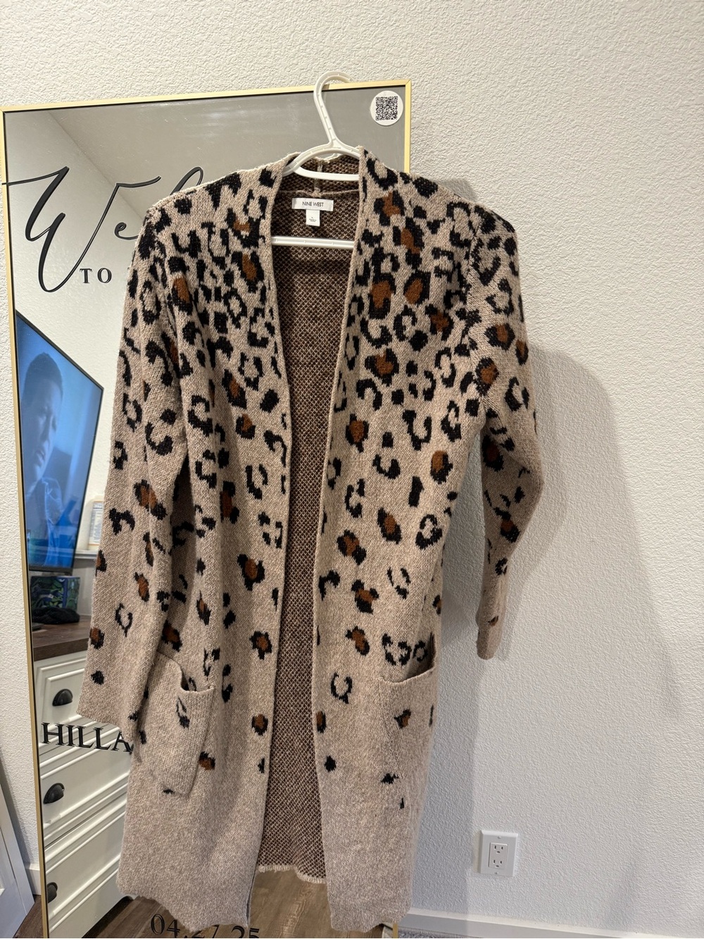 Nine West Beige Leopard Print Open-Front Cardigan